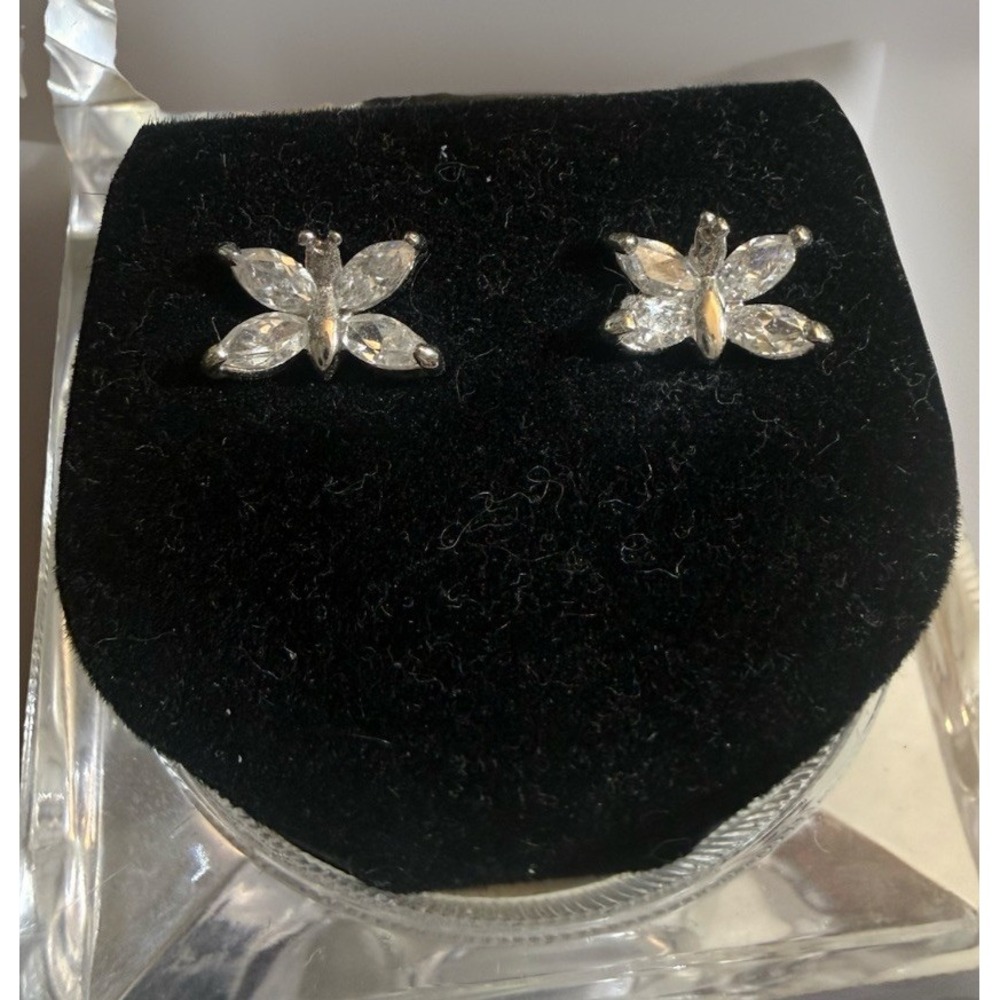 Cubic Zirconia Butterfly Stud Earrings Silver Tone Prong Set Clear/White